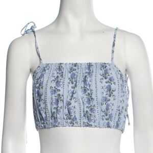 Love Shack Fancy Floral Print Graphic Baby Blue Square Neck Line Crop Tank Top